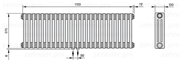 Схема (чертеж) Радиатор Zehnder Charleston 3057/25 №3470 Белый глянцевый RAL 9016